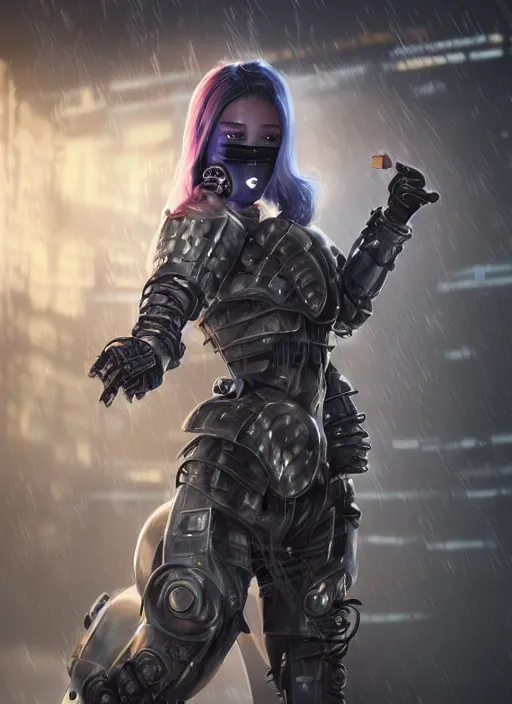 Image similar to An epic fantastic realism comic book style portrait painting of a female cyber warrior, tzuyu from twice, dieselpunk armor, long fluffy hair, porcelain pale skin, cyberpunk color raining tokyo everywhere, Concept world Art, unreal 5, DAZ, hyperrealistic, octane render, cosplay, RPG portrait, dynamic lighting