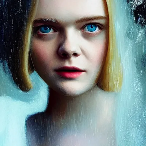 Image similar to Elle Fanning at a diner, head and shoulders portrait, stormy weather, extremely detailed masterpiece, Roger Deakin’s cinematography, oil on canvas, Da Vinci,