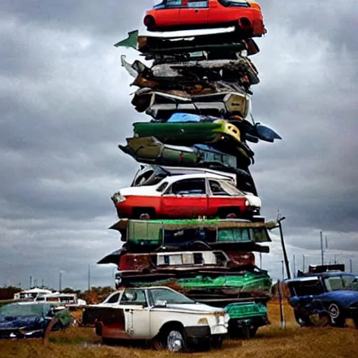 Prompt: a tower made out of scrapped cars