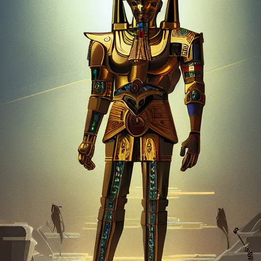 Prompt: cybernetic anubis egyptian wolf made of steel and gold in light armor, by ian pesty and alena aenami and makoto shinkai, concept art, matte painting, washed colors,