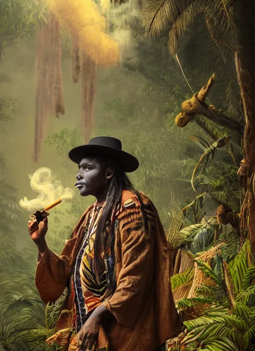 Prompt: a beautiful portrait of an indigenous man with black skin with a wide hat in the jungle, surrounded by smoke, smoking a pipe, mysterious atmosphere, fantasy art, matte painting, highly detailed