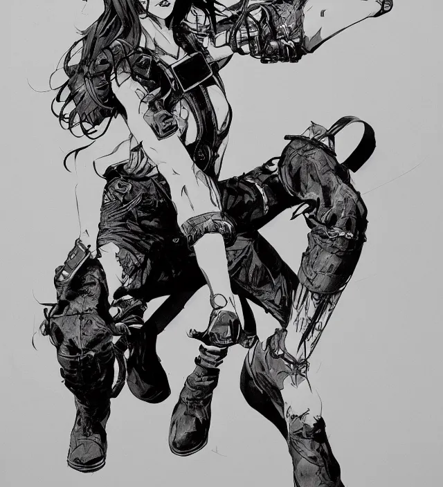 Image similar to full body pose, hd, manga anime portrait of a beautiful woman in combat boots and overalls, in ishikawa ken frank miller jim lee alex ross style detailed trending award winning on flickr artstation,