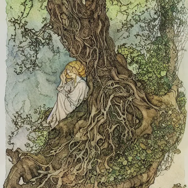 Image similar to a detailed, intricate watercolor and ink portrait illustration with fine lines, of a gnarled tree and mossy ground, by arthur rackham and edmund dulac and ted nutall and mucha