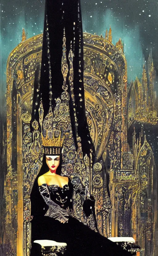 Prompt: an oil painting of a queen in a black funeral dress sitting on a throne, by bruce pennington, by eyvind earle