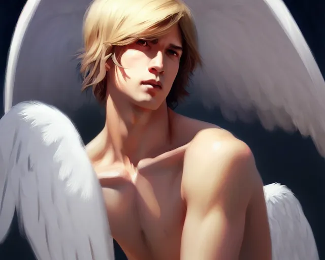 Prompt: male angel with white wings. realistic shaded lighting poster by ilya kuvshinov katsuhiro, magali villeneuve, artgerm, jeremy lipkin and michael garmash, rob rey and kentaro miura style, trending on art station