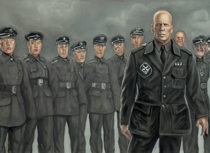 Prompt: bruce willis as nazi ( ss - sturmbannfuhrer ) surrounded by nazi officers. full body portrait. sinister atmospheric lighting. highly detailed painting by rebecca yanovskaya.