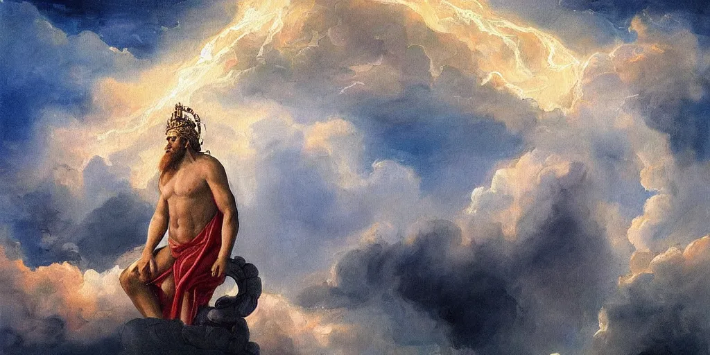 Prompt: a beautiful painting of zeus on his throne by the clouds.