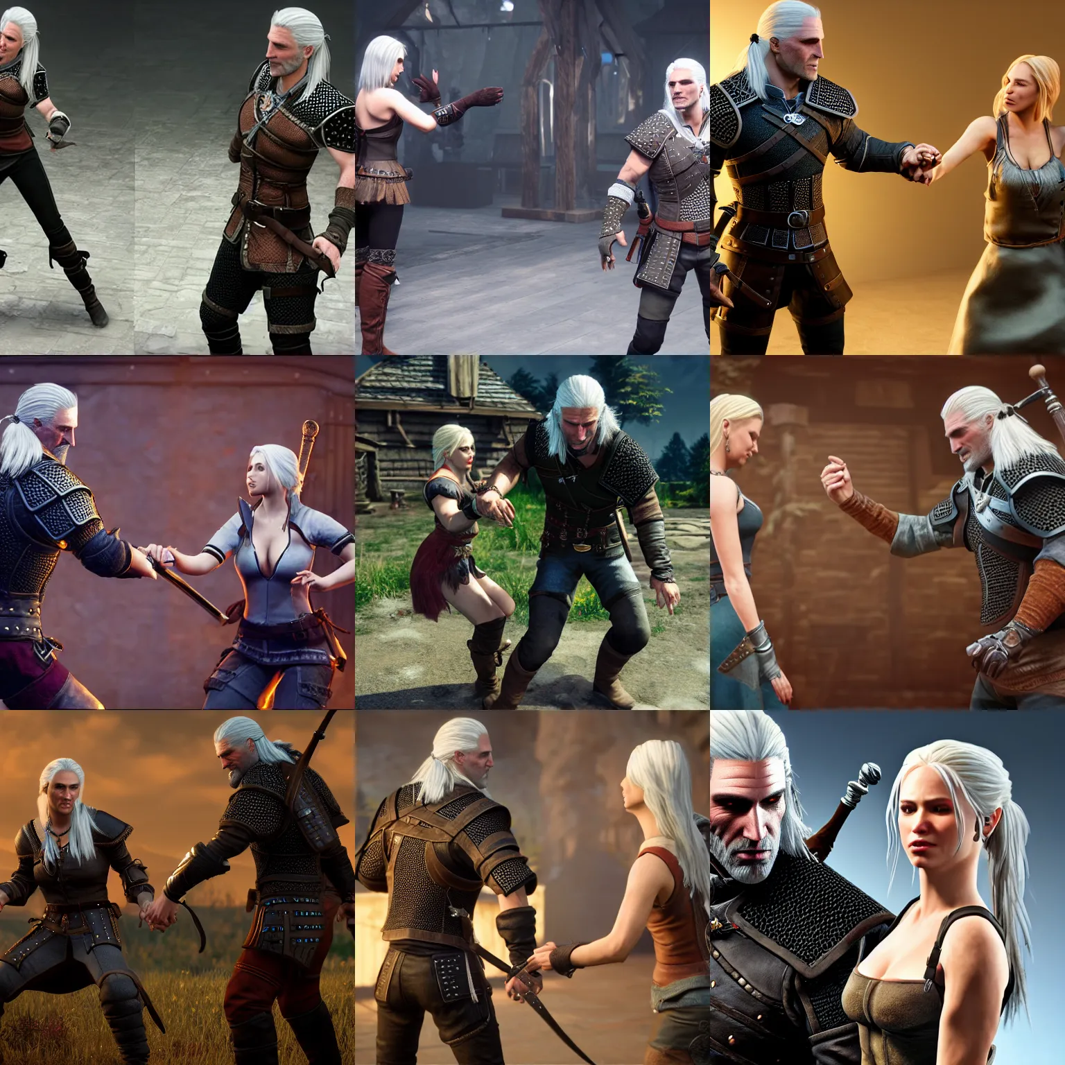 Prompt: geralt of rivia dancing with trish merigold, unreal engine 5, highly detailed, highly accurate, photorealism, 8 k uhd