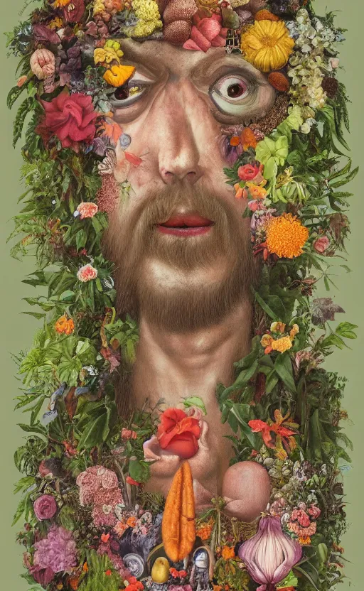 Image similar to a becoming and phenomenal jesus in the rain from clockwork orange in a lush garden full of diverse plants, by mab graves and giuseppe arcimboldo. luminism. hypermaximalist. gouache. trending on artstation.