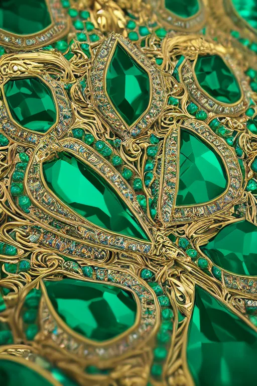 Prompt: Brilliant cut Emerald encased in an intricate ornate necklace beautifully lit. Ultra HD. 8K. V-ray. Octane Render. Global illumination. Cycles. GPU render. Sharp. Smooth lighting.