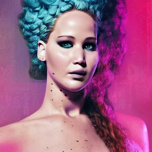 Image similar to a realistic detailed studio portrait photo of jennifer lawrence as the the bride of frankenstein, vaporwave