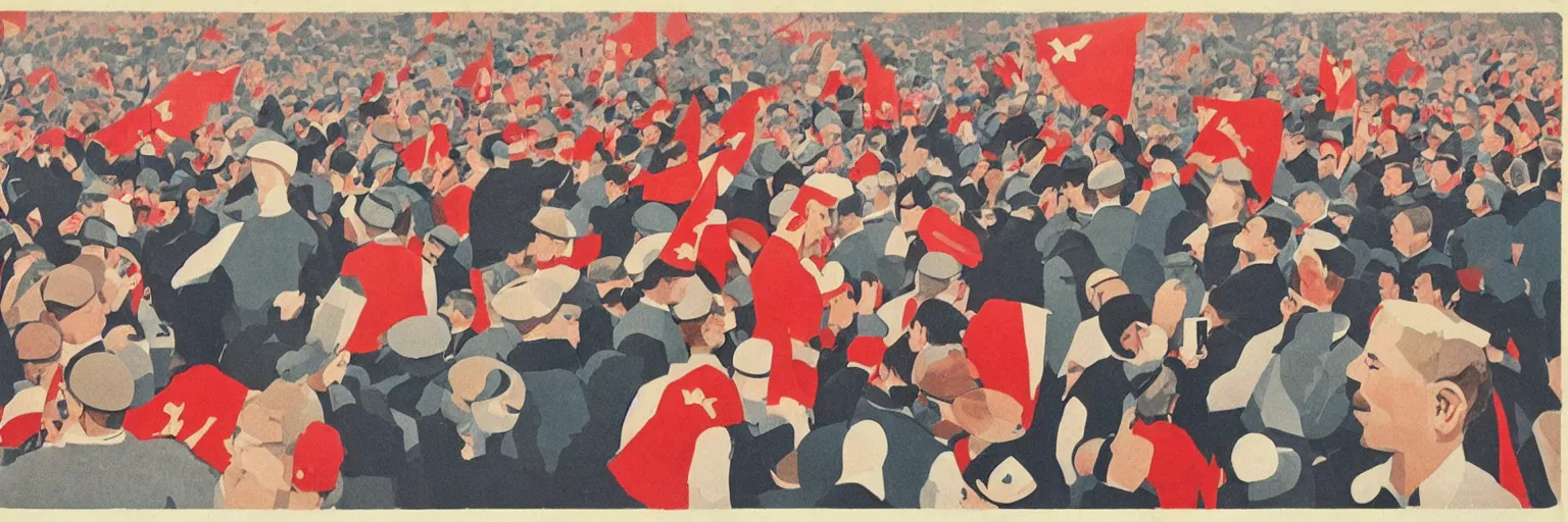 Image similar to A lot of people are standing and looking at their phones. soviet propaganda style