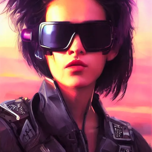 Prompt: cyberpunk, closeup portrait of a young razorgirl, sunglasses, black hair, shag cut, dramatic light, city background, sunset, dystopian setting, high contrast, sharp, painted by stanley lau, painted by greg rutkowski, painted by stanley artgerm, digital art, trending on artstation