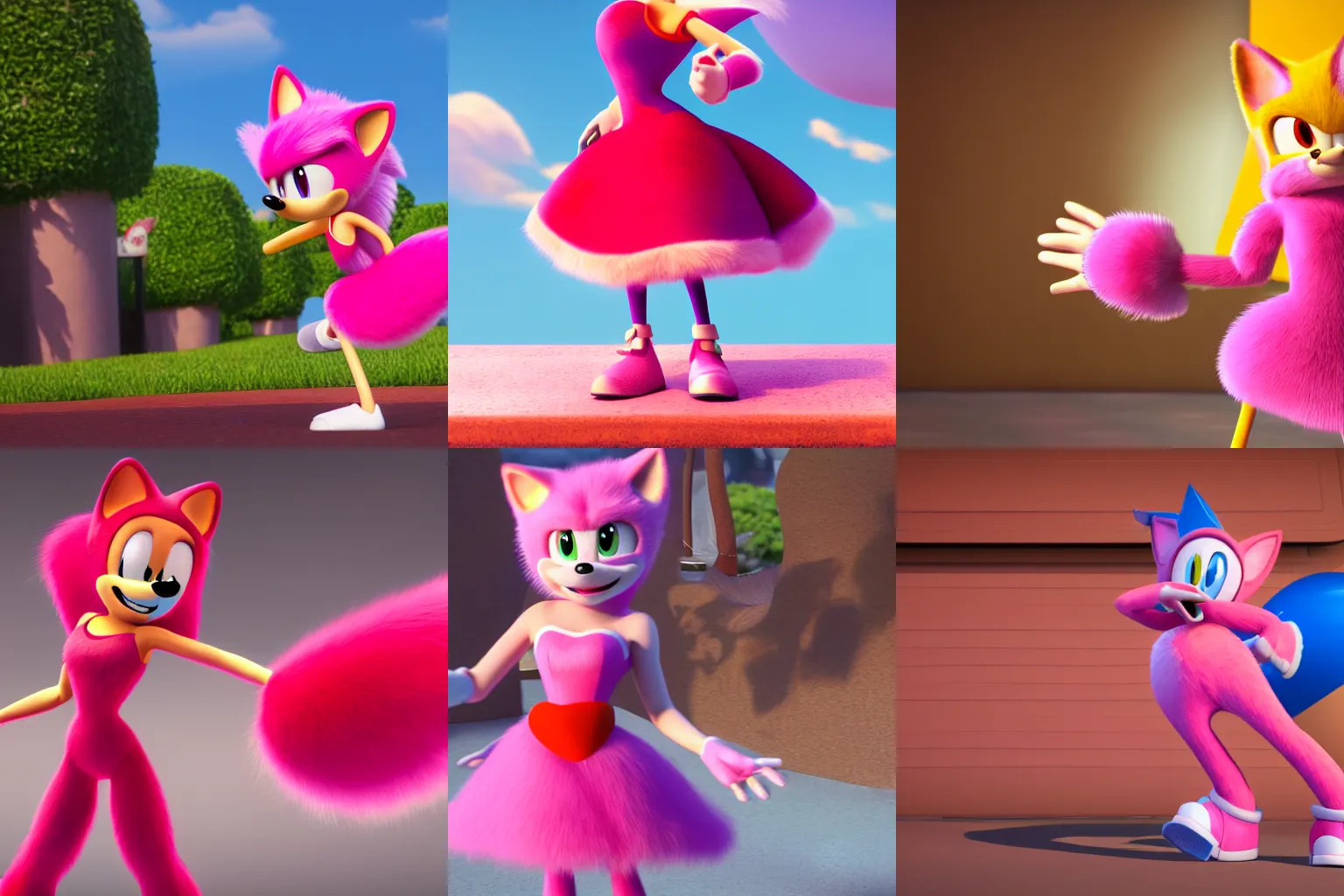 Prompt: A still of Amy Rose in an animated Disney Pixar animated movie, Dreamworks, stylized, pink fur, red dress, PBR Materials, Sonic Lost World, Sonic Forces, artstation, Pixar renderman render, f2.8 35mm, 4k