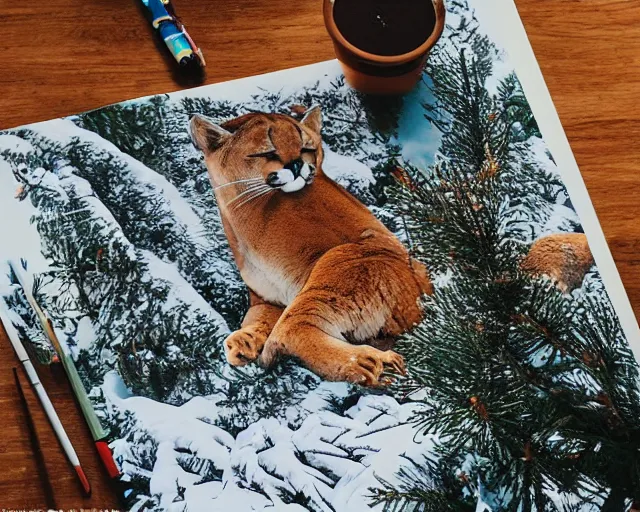 Image similar to colouring book showing 'a cougar sleeping in the middle of snowy pine tree' laying on coffee table, zoomed out shot, HD, iphone capture