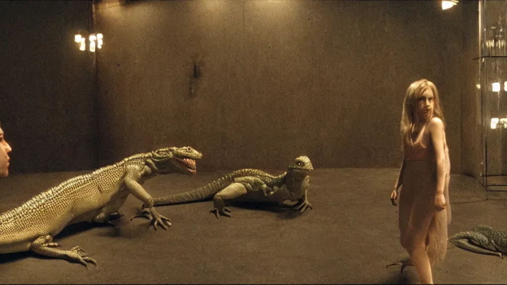 Image similar to movie scene of a girl and a draconian humanoid, reptil, reptilian, movie still, cinematic composition, cinematic light, criterion collection, reimagined by industrial light and magic, Movie by David Lynch and Andrzej Żuławski