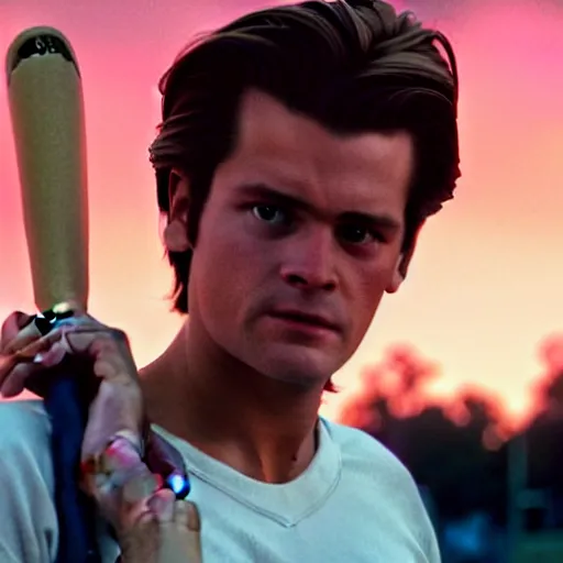 Prompt: steve harrington holding a baseball bat, looking off into the sunset, synthwave style.