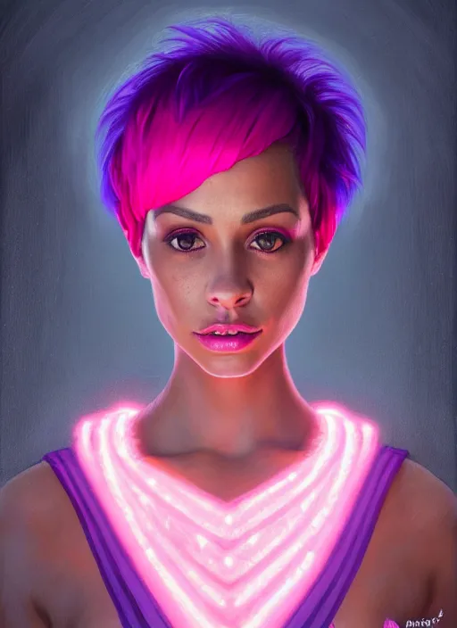 Image similar to portrait of vanessa morgan with bright pink hair, curly pixie cut hair, wearing a purple breton cap, breton cap, hoop earrings, intricate, elegant, glowing lights, highly detailed, digital painting, artstation, concept art, smooth, sharp focus, illustration, art by wlop, mars ravelo and greg rutkowski