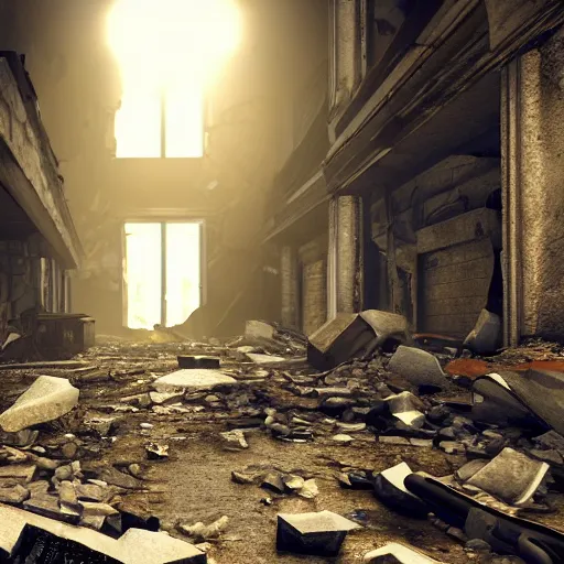 Image similar to a walkie - talkie lies on the ground in rubble, macro perspective of the walkie - talkie, intricate details, dark interior of an old hallway, horrible angry zombies in the background, 8 k hyperdetailed, unreal engine, octane render, style of gta v artworks