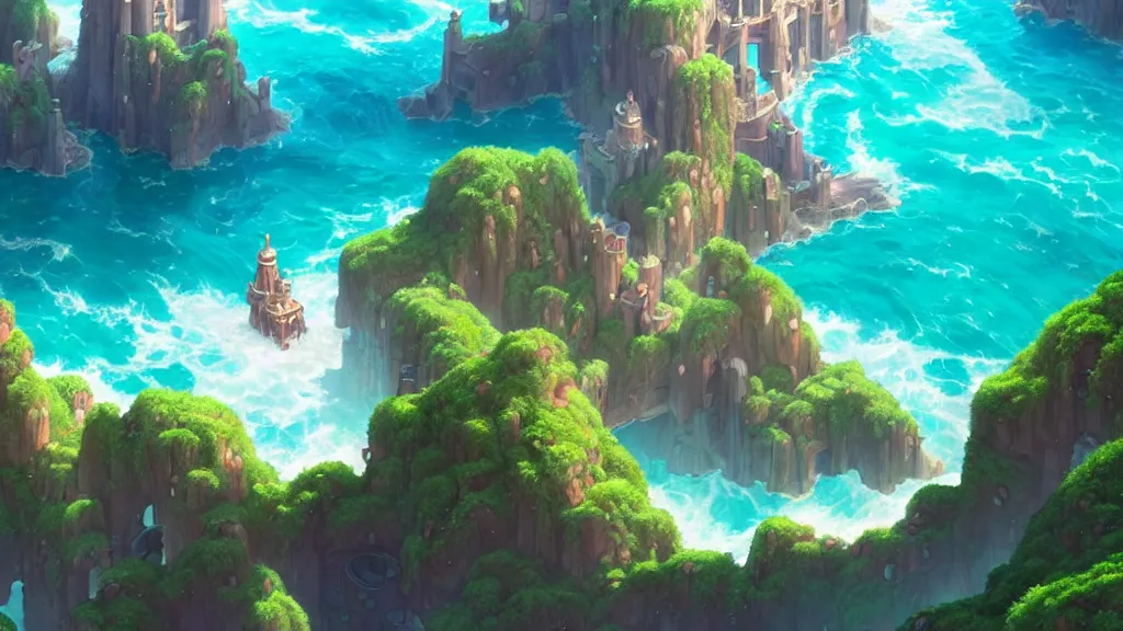 Image similar to atlantis, studio ghibli, pixar and disney animation, sharp, rendered in unreal engine 5, highly detailed, digital painting, artstation, concept art, smooth, sharp focus, illustration, wide angle, artbook, wallpaper, splash art, promo art, dramatic lighting, art by artgerm and greg rutkowski and bo chen and jin xiaodi