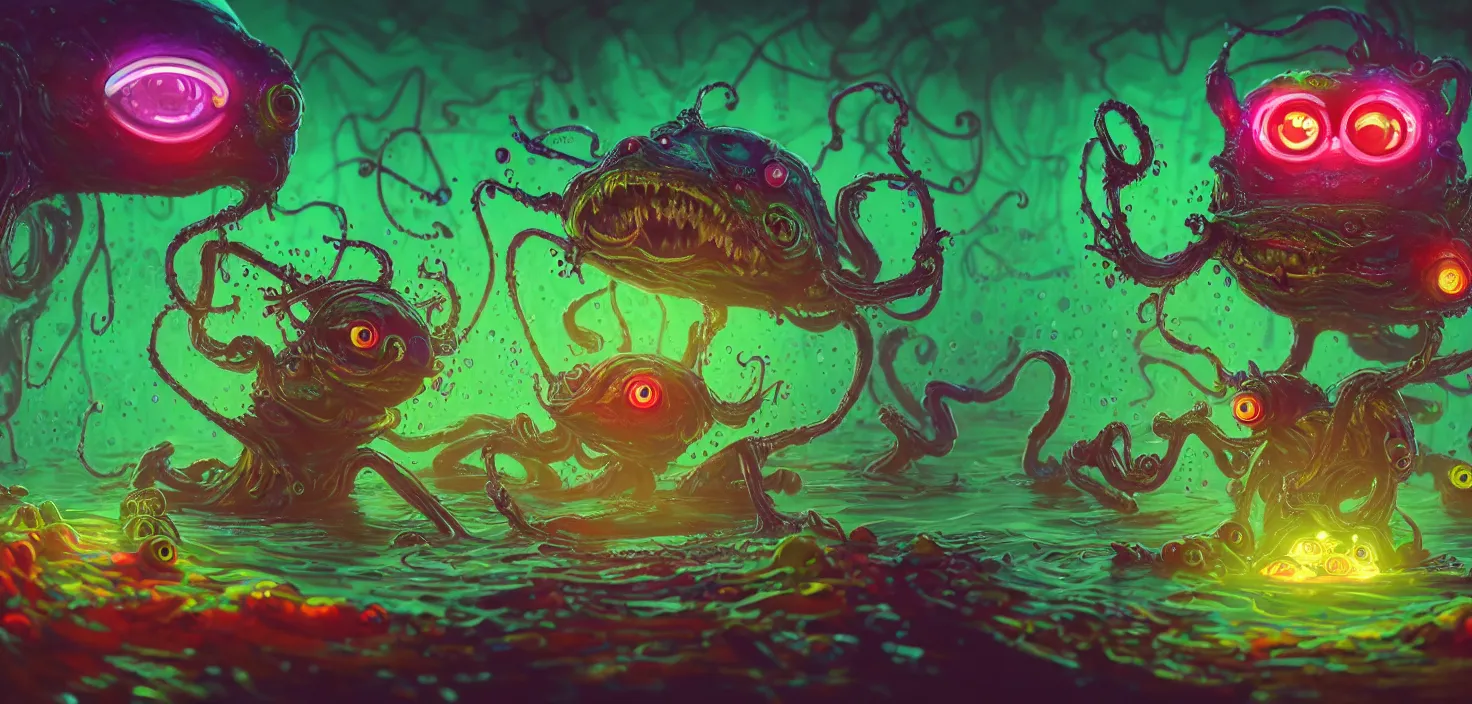 Prompt: intricate colourful murky with strange cute friendly angry crazy neon creatures with huge sci - fi eyes long tongue triangle teeth and scary face appearing from the water, in the style of craola, macro lens, shallow depth of field, highly detailed, digital painting, trending artstation, concept art, illustration, cinematic lighting, vibrant colors, photorealism, epic, octane render