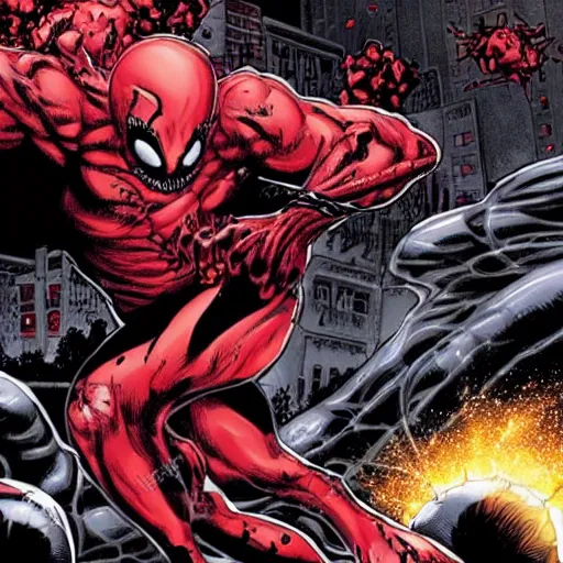 Prompt: carnage symbiote fighting dead pool in new york on a dark and stormy night