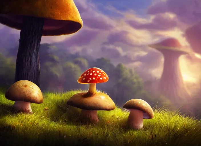 Image similar to a cute creature sitting next to a mushroom, golden hour, fantasy, sharp focus, digital art, hyper realistic, 4 k, unreal engine, highly detailed, hd, dramatic lighting by brom, trending on artstation, new cats movie