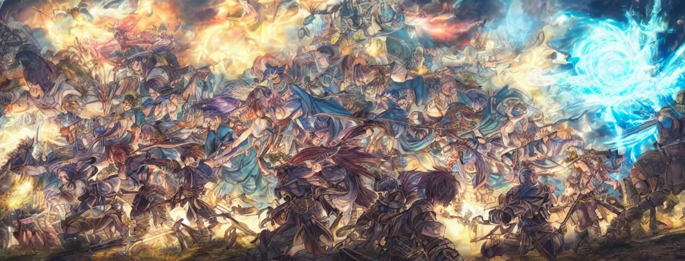 Image similar to spirit souls fighting on a battlefield to the death beams. hyperrealistic anime background illustration by kim jung gi, colorful, extremely detailed intricate linework, smooth, super sharp focus, bright colors, high contrast, matte, octopath traveler, unreal engine 5 highly rendered, global illumination, radiant light