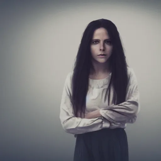 Prompt: the girl from the ring in the corner of a room next to a tv with static on its screen