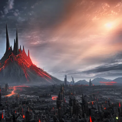 Image similar to mordor as a bustling city, highly detailed, sharp focus, skyline, vast, gothic, lord of the rings, mount doom, 4 k, fantasy