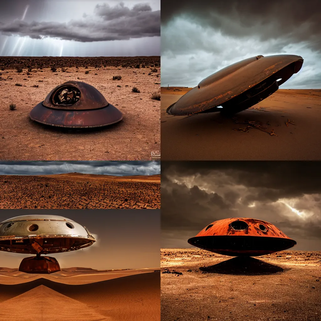 Prompt: Professional Photography Of A Rusted UFO Crashed In A Desert, 4K, Stormy, Cloudy