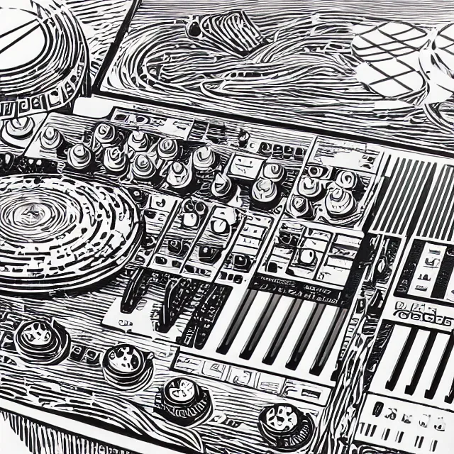 Prompt: psychodelic linocut of an Akai MPC 60. Drum pads, knobs, MPC, Maschine