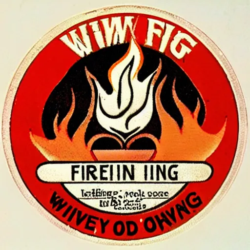 Prompt: vintage blazing windy fire flame warning label