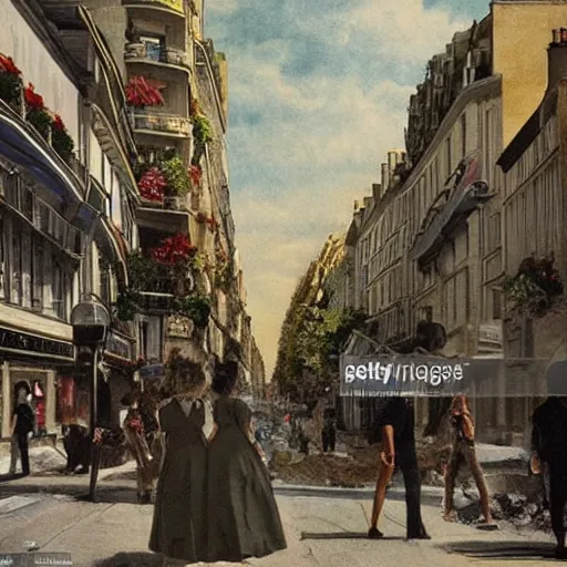 Prompt: a typical Parisian street of the future, in the foreground a man and a woman from behind, in the back at the bottom of the street a spaceship destroying buildings, American blockbuster style, multiple details