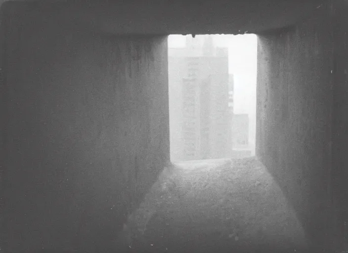 Image similar to looking down into the inside of an empty concrete tower, foggy, megalophobia, old polaroid, expired film,