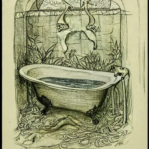 Image similar to cute caracal in bathtub, by Arthur Rackham