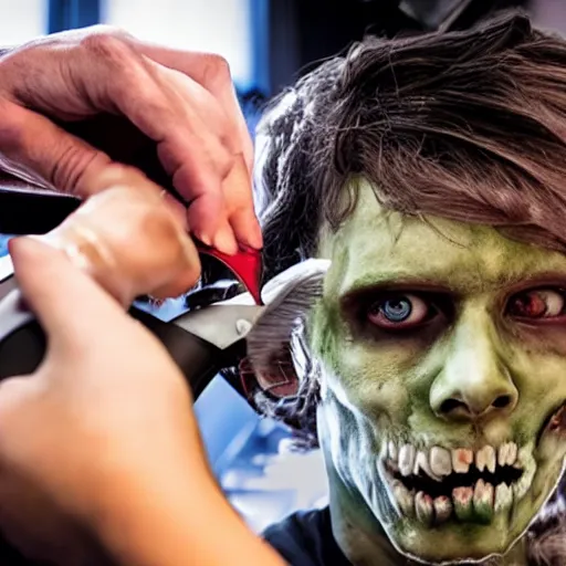 Image similar to a zombie getting a haircut.