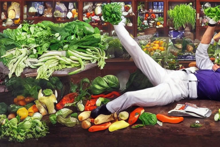 Image similar to nigel farage laying on top of vegetables on a table, a bronze sculpture by jeff a. menges, trending on pinterest, hyperrealism, hyper - realistic, hyper realism, playstation 5 screenshot