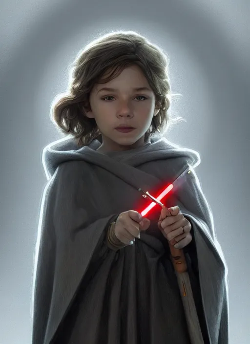 Image similar to perfectly - centered - portrait of a kid wearing grey cloak holding light saber, intricate, highly detailed, digital painting, artstation, concept art, smooth, sharp focus, illustration, unreal engine 5, 8 k, art by artgerm and greg rutkowski and alphonse mucha