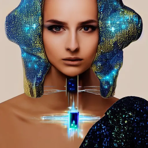 Image similar to portrait of a beautiful futuristic woman layered with high-tech jewelry wrapping around her face and head, golden-silver light with tiny blue gems scattered like dust