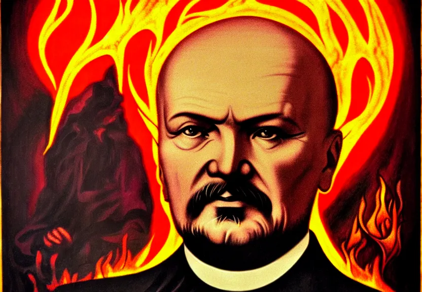 Prompt: lenin in hell, icon with a halo of fire, scary detailed art in color