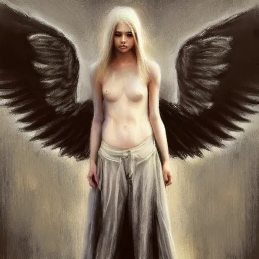 Prompt: an angel with long blond hair and giant wings, illustration, high detail, casey baugh