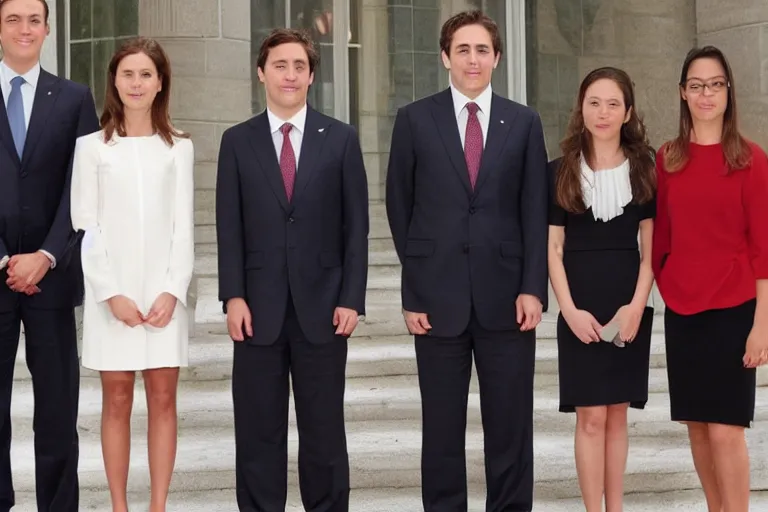 Prompt: full body official photo portrait of a young handsome canadian prime minister and his two lawyer girlfriends