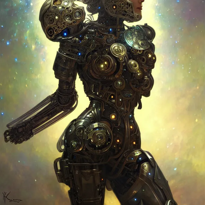 Image similar to organic cyborg with armor made of starlight, diffuse lighting, fantasy, intricate, elegant, highly detailed, lifelike, photorealistic, digital painting, artstation, illustration, concept art, smooth, sharp focus, art by john collier and albert aublet and krenz cushart and artem demura and alphonse mucha