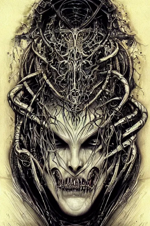 Prompt: Elden Ring and Doom themed painting of majestic chromatic biomechanical anatomical sinister vampire hybrid beautiful ethereal angel symmetrical neutral mask closeup face tattoo pattern golden ratio concept, Neo-Gothic concept, infinity glyph waves, intricate artwork masterpiece, very coherent artwork, cinematic, full frontal facial features by Artgerm, art by H.R. Giger, Joseph Michael Linsner, Zdizslaw Beksinski, Johnatan Wayshak, Moebius, Ayami Kojima, very anatomically coherent artwork, trending on cgsociety, ultra high quality model, production quality cinema model, high detail chromatic ink outline, octane render, unreal engine 8k, hyper realism, high detail, octane render, unreal engine, 8k, High contrast