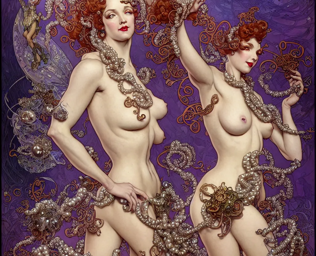 Prompt: beautiful burlesque dancer art nouveau fantasy character portrait, ultra realistic, intricate details, the fifth element artifacts, highly detailed by peter mohrbacher, hajime sorayama, wayne barlowe, boris vallejo, aaron horkey, gaston bussiere, craig mullins alphonse mucha, art nouveau curves swirls and spirals, doves flowers pearls beads crystals jewelry goldchains scattered