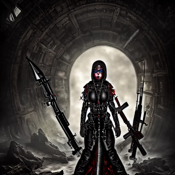 Prompt: apocalyptic woman in hood standing in hall of weaponry, hyper - detailed, smooth, sharp focus, 4 k ultra hd, fantasy dark art