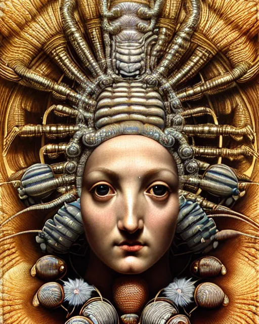 Prompt: hyperrealistic detailed face portrait of the beautiful goddess of the giant isopods with an intricate golden ornamental geometrical giant isopod headdress, art by ernst haeckel, john william godward, android jones, h. r. giger, gothic - cyberpunk, ornamental, dimmed pastel colours,
