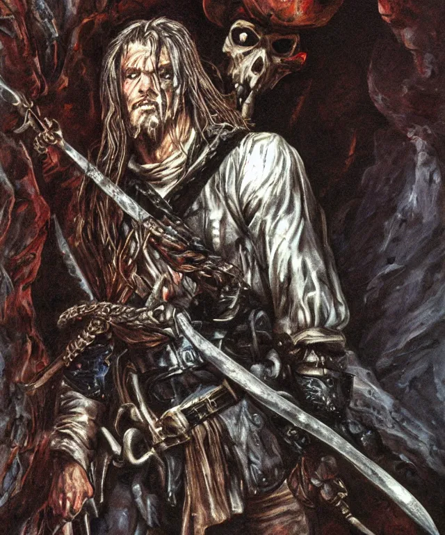 Image similar to ultra realistic color portrait painting of a ghost 1 7 th century pirate with a sword in a grotto, dark, painted, brooding, atmospheric, seascape, horror, smooth, epic, highly detailed, cinematic, by larry elmore