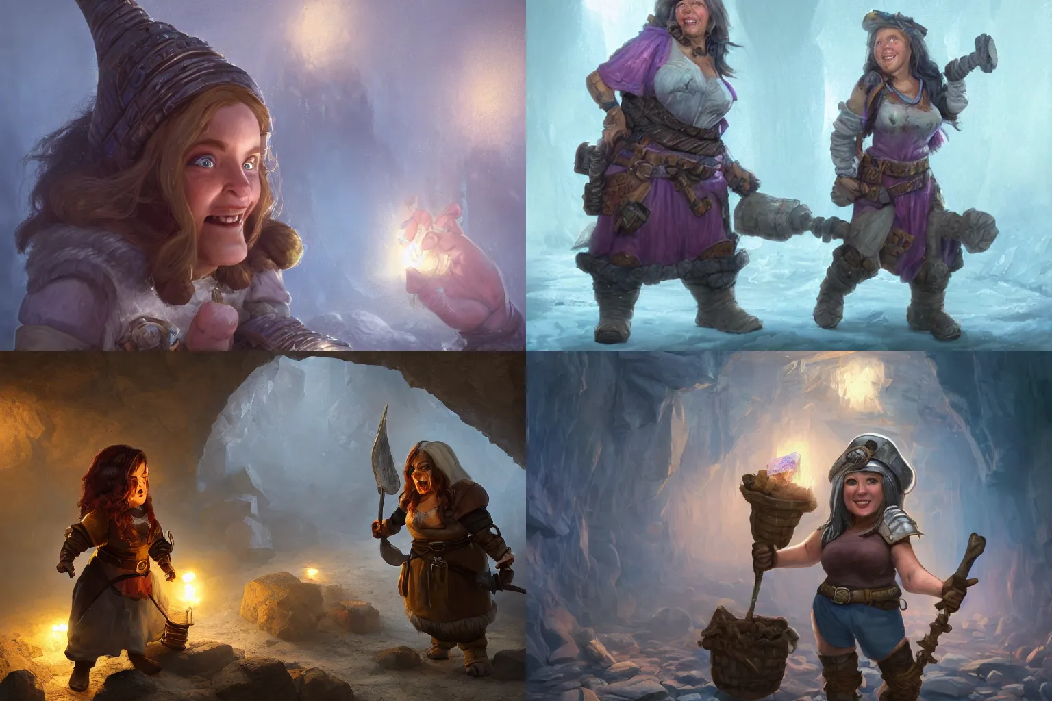 Prompt: happy female fantasy dwarf miner walking through a crystal mine, rpg portrait reference, oil painting, trending on artstation, octane render, insanely detailed, 8 k, hd, larry elmore